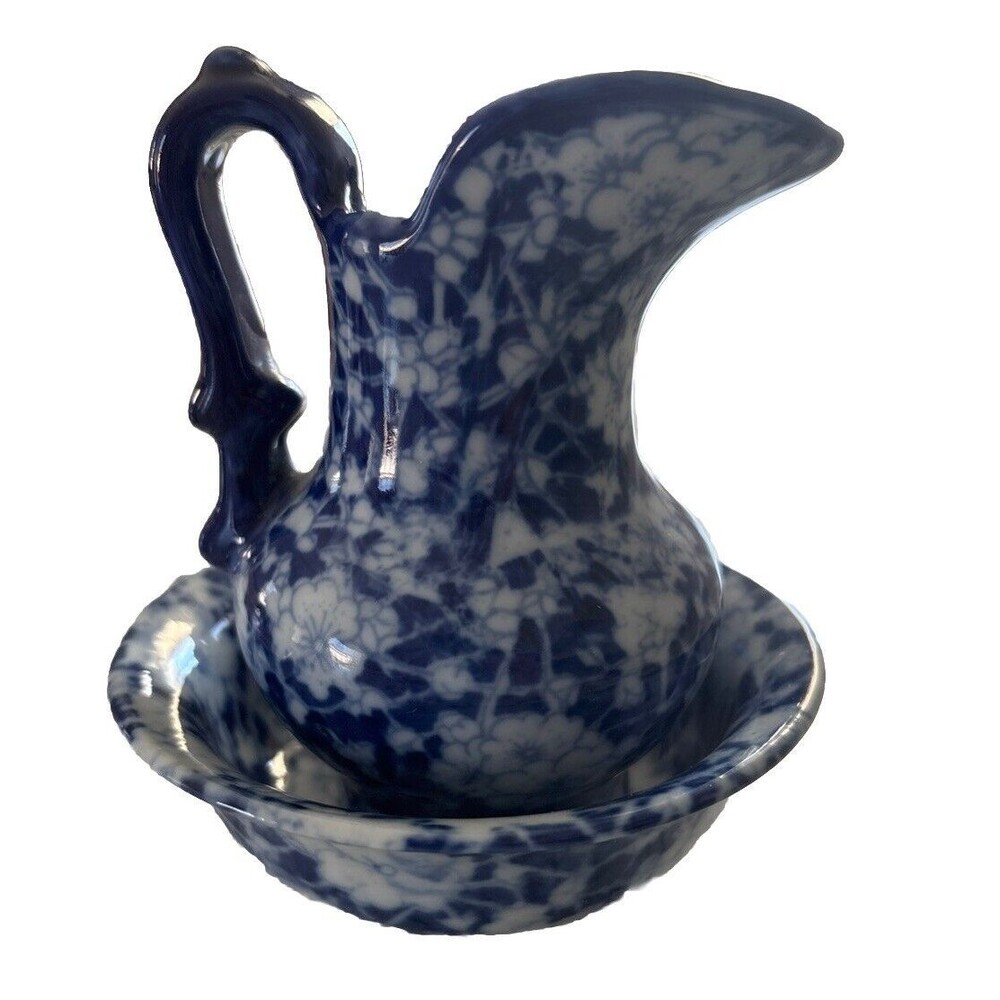 Vintage Antique Victoria Ware Ironstone Small 4" Pitcher & 4" Basin Calico Blue